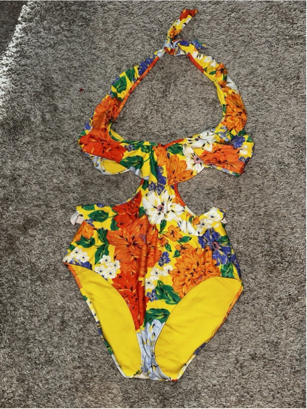 Aerie Yellow Floral Monokini Floral Ruffle Halter One Piece Swimsuit Large - Picture 6 of 13